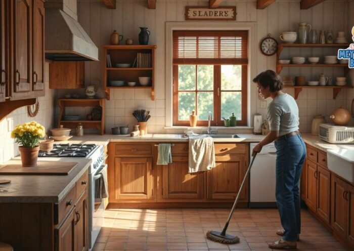 Dapur rumah tua yang bersih dan tertata rapi.